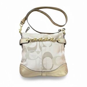 Coach F19820 Signature Canvas Gold Leather Hobo Shoulder Bag Medium